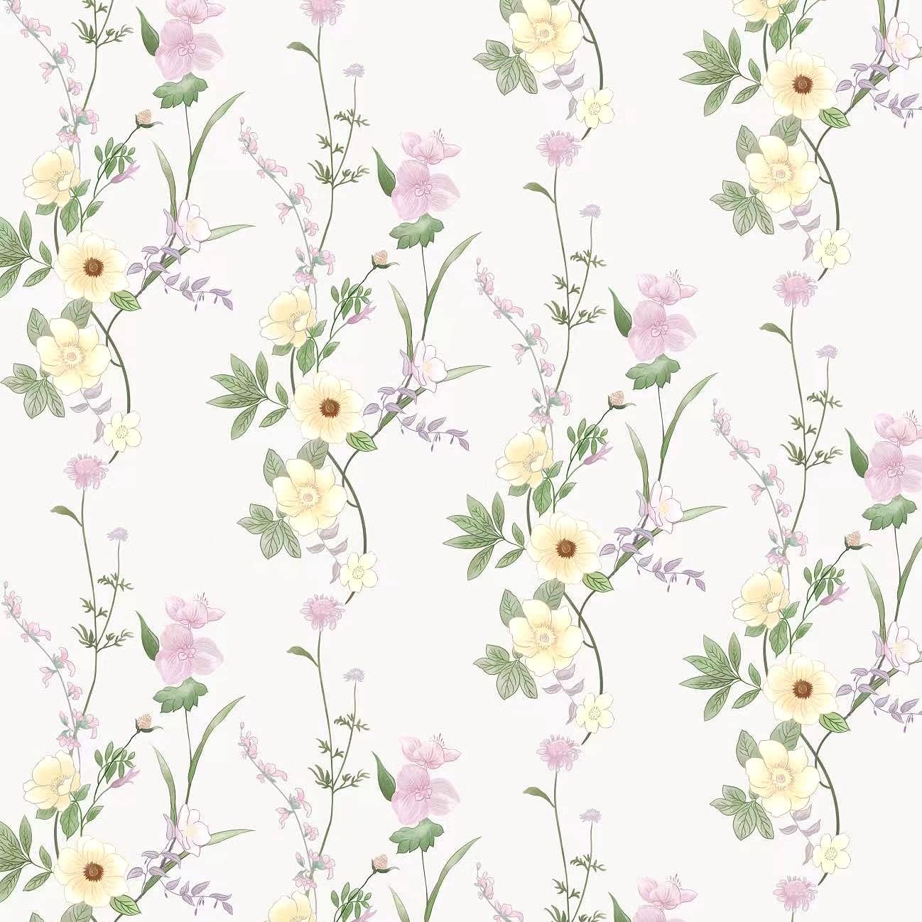 LiveGalleryYellow Flowers Wallpaper Vine Wall Paper Green Leaves Wallpapers for Removable for Bedroom Nursery Living Room TV Sofa Background Classroom Office Home Wall Decoration (White)