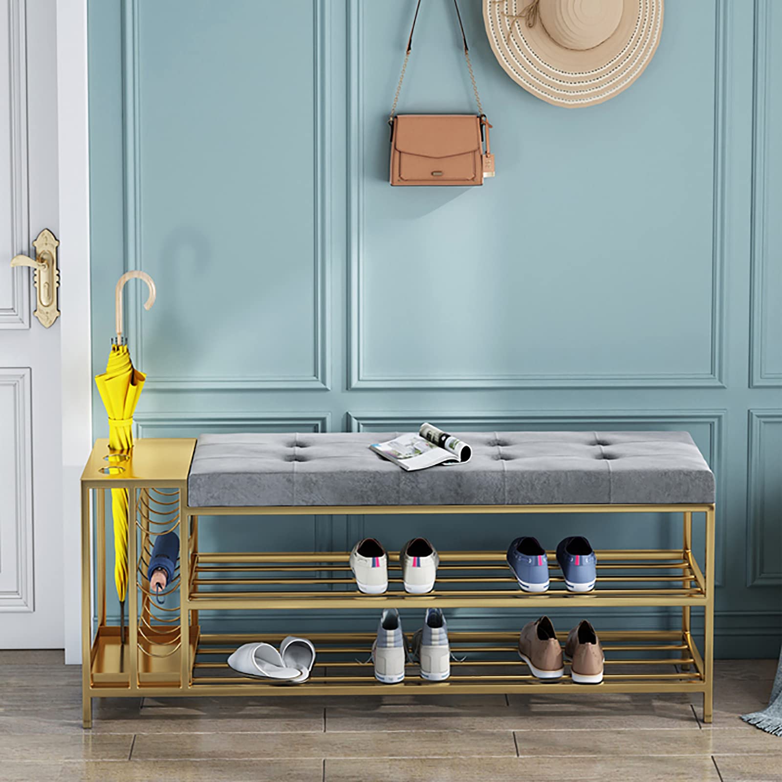 Banc d'entrée avec étagère à chaussures en métal rangement moderne couloir porte-parapluies