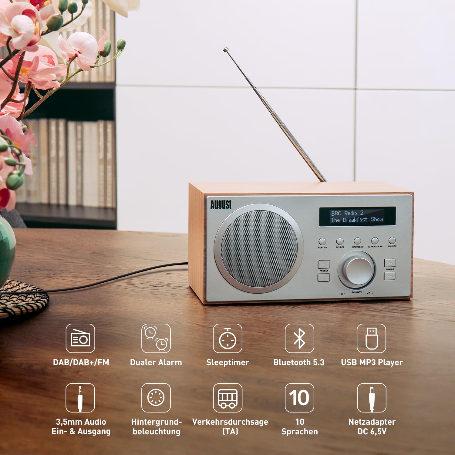 August MB420 DAB+/FM Radio mit Bluetooth digitales Küchenradio mit Holzgehäuse mit RDS-Funktion 60 Presets Hifi Lautsprecher 5W - Radiowecker mit Sleeptimer Alarm Snooze - USB/Aux-In/Aux-Out