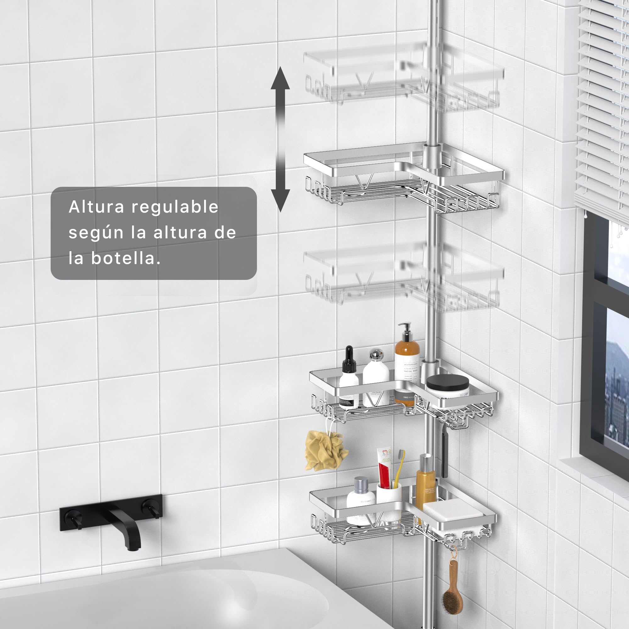 KEGII Estanteria Baño - Estanteria Telescopica Baño con 4 Estante Ducha, Soporte para Cepillos de Dientes, Ajustable 63.5-290 cm para Esquina o Bañera, Plata