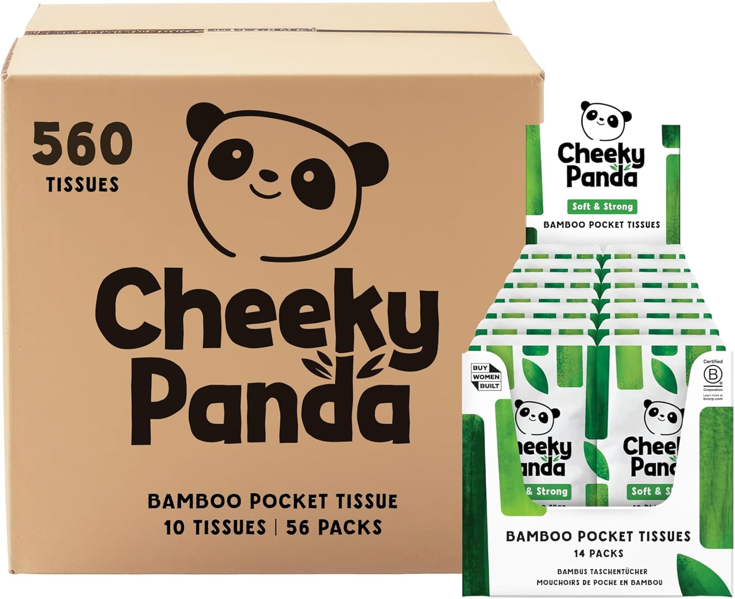 The Cheeky Panda Bamboo Travel Tissues Bulk | 56 x Plastic Free Travel Tissue Packs | 560 Super Soft Pocket Tissues