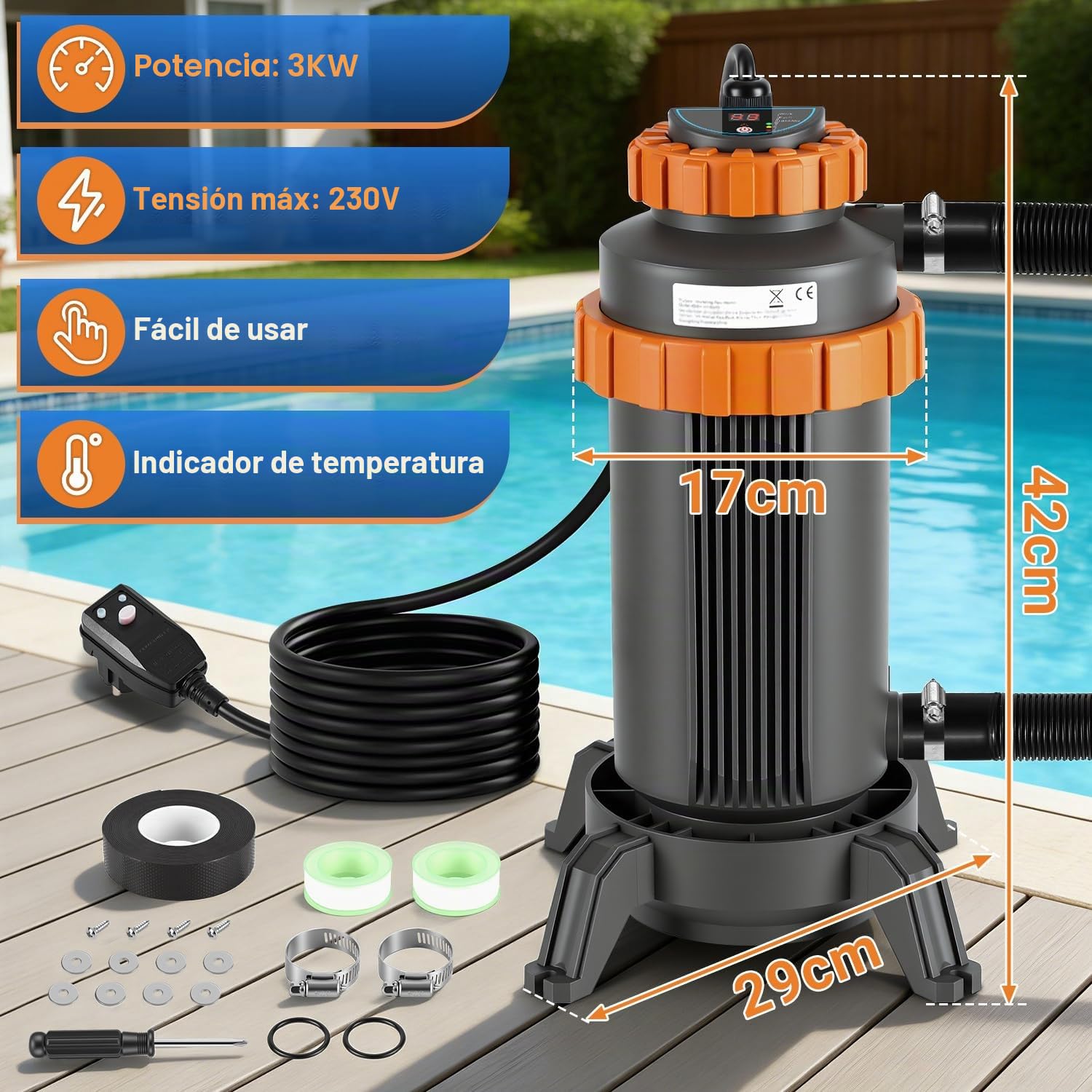 Calentador Eléctrico para Piscina 3KW, Pantalla Digital, 4 Protecciones de Seguridad, Conexión 32-38 mm, Calienta hasta 45 °C, Accesorios Incluidos para Piscinas Elevadas