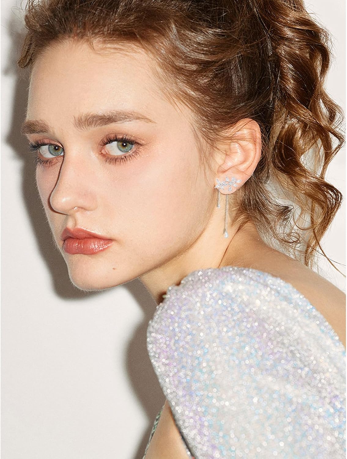 Sterling Silver Flower Wrap Drop Earrings with CZ - Trendy Dangle Chain Design for Elegant Women - Image 5