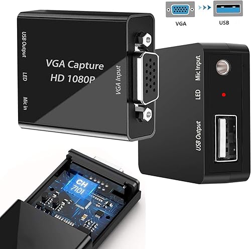 Miniatura 2 de Tarjeta de captura VGA, dispositivo de captura VGA a USB con entrada de micrófono, soporte de video HD 720P para juegos, transmisión, enseñanza,