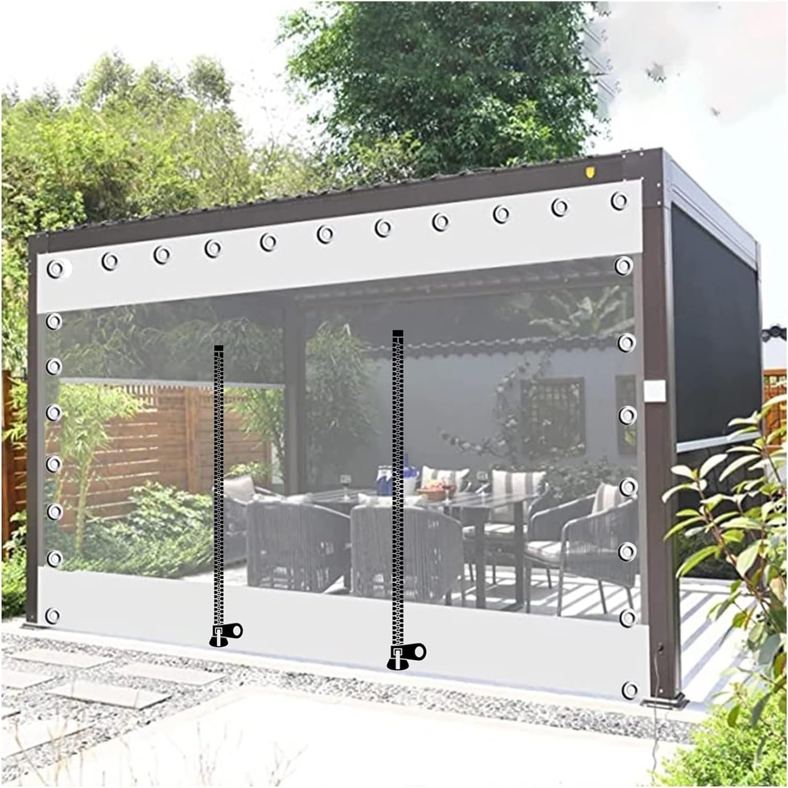 Pergola Pavillon Veranda transparente Plane Vorhänge mit Reißverschluss-Tür, wasserdicht, transparente Seitenteile, Ösen, 230 x 220 cm