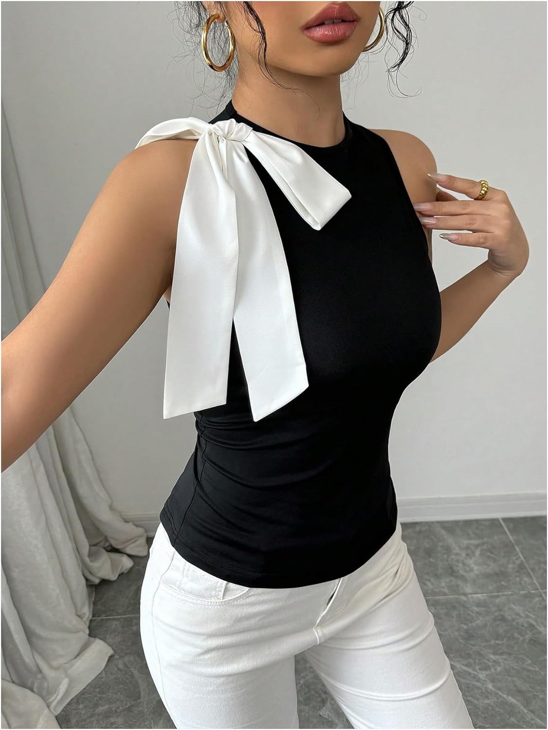 Milumia Women's Bow Tie Crewneck Sleeveless Top Colorblock Trendy Slim Fitted Tank Tops - Image 6