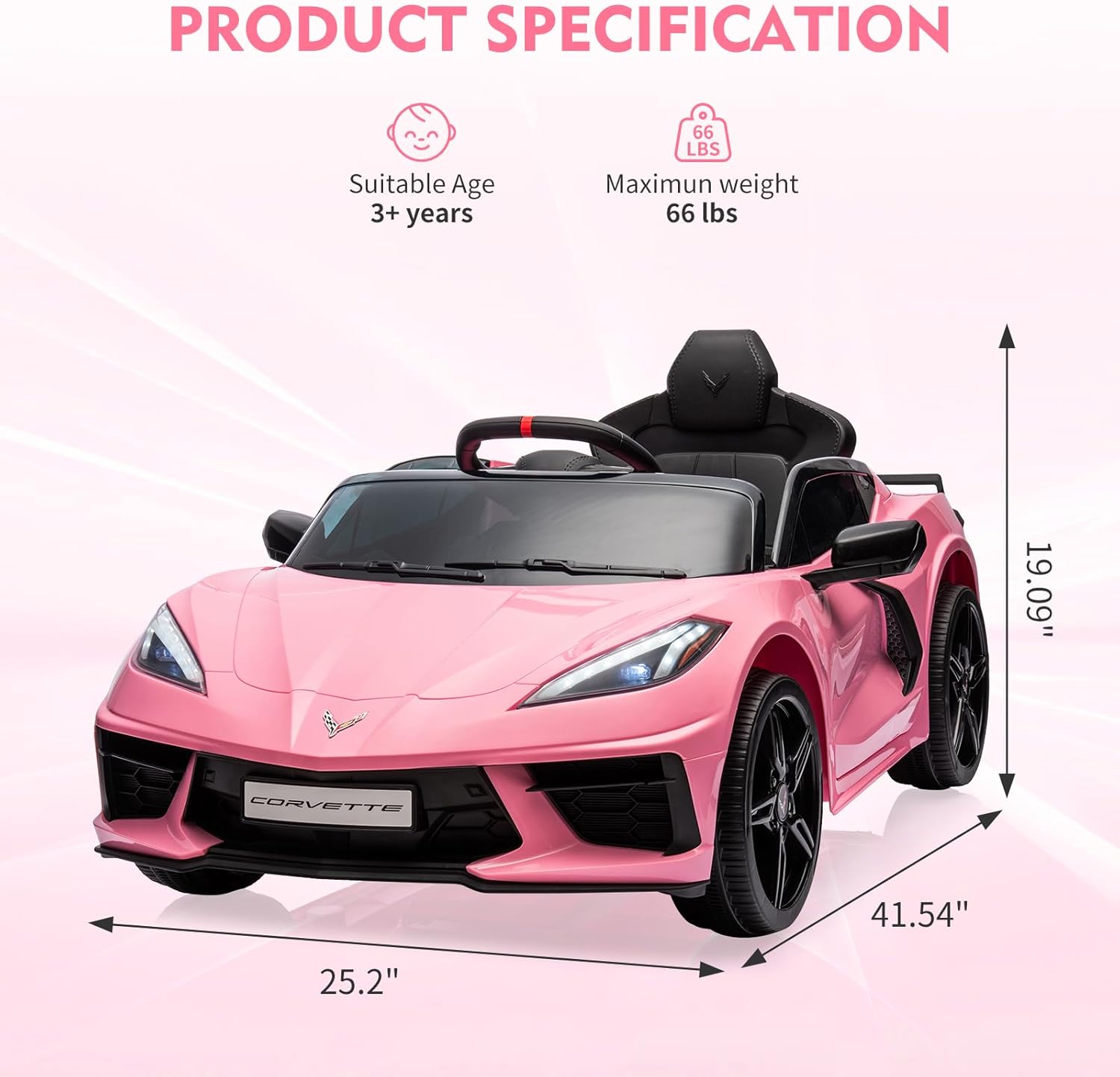 GarveeLife 12V Kids Ride On Car Sports Licensed Corvette Electric Car Toy for Toddles with Remote Control, Visual Dashboard, LED Lights, Music, Pink