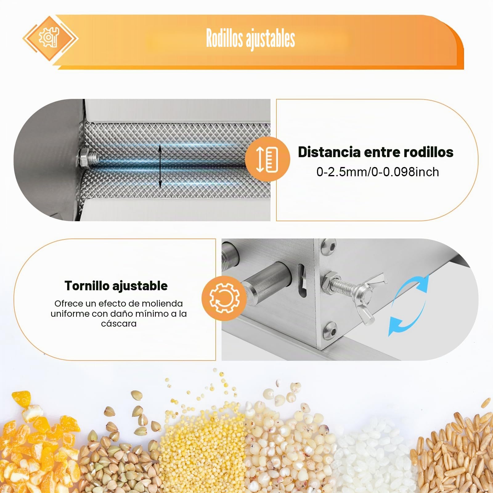 Trituradora de cereales manual 4 l, molinillo de granos, 26 cm, 2 rollos regulables 8 lbs/min, para cebada, trigo y otros granos