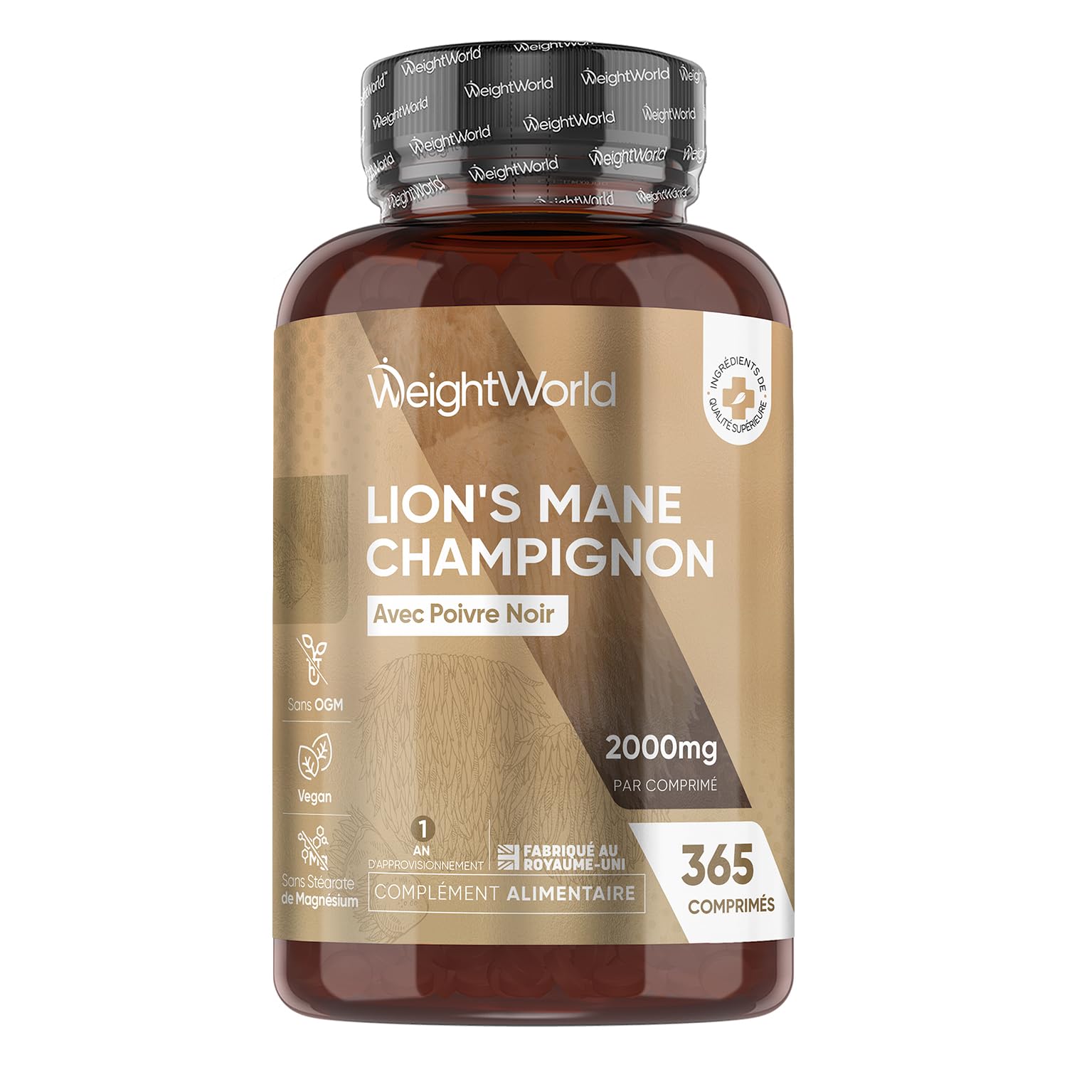 Lions Mane Champignon 2000mg 365 Micro-Comprimés Vegan (1 An), avec Poivre Noir Fournit 50% de Polyphénols, Extrait d'Hericium Erinaceus 25:1 Champignon Crinière de Lion sans Stearate de Magnésium