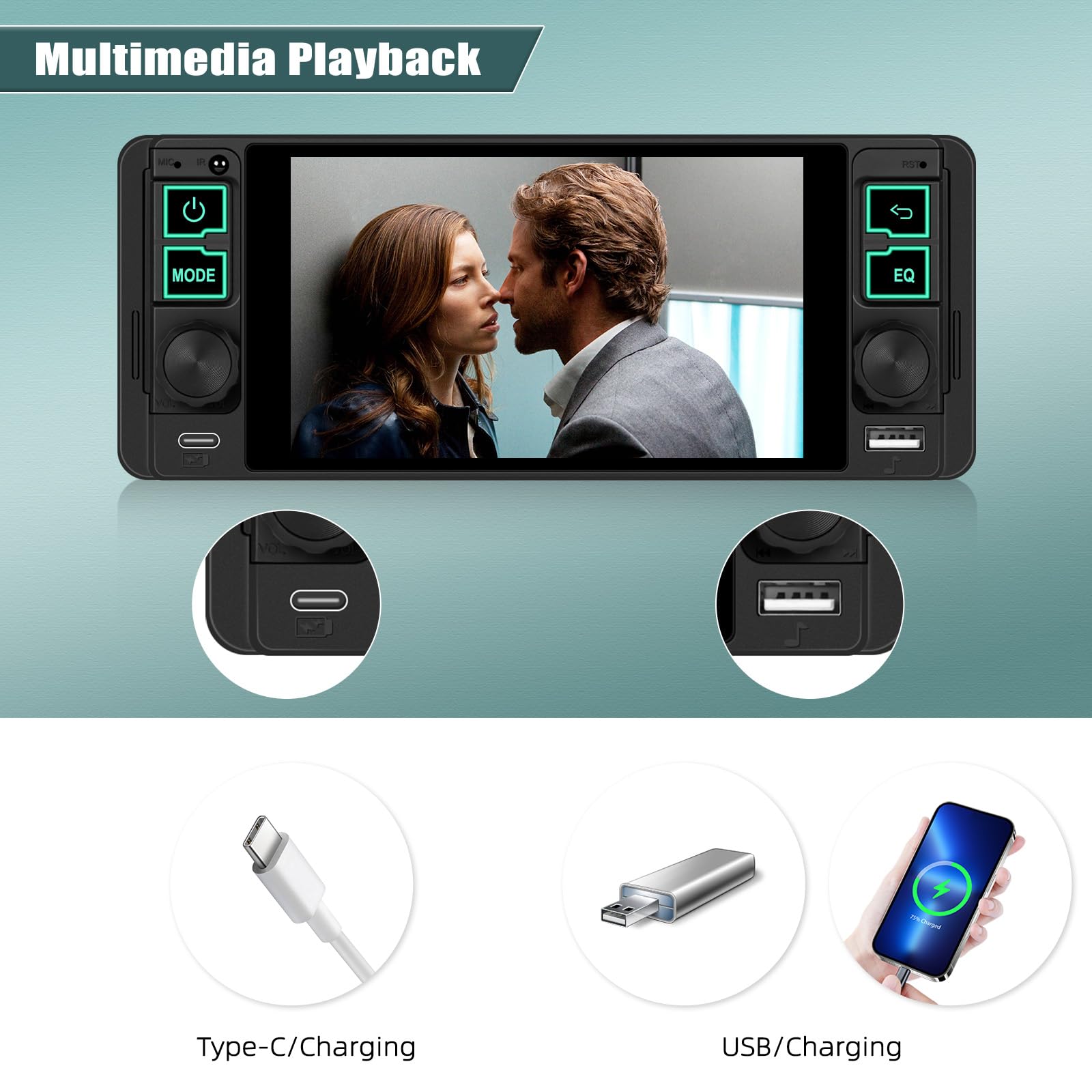 1 Din Autoradio mit 5.1 Zoll Bildschirm mit Wireless Carplay Android Auto, Bluetooth 5.2 Freisprecheinrichtung HD Display Radio mit Mirror Link USB/AUX FM Radio SWC EQ +MIC