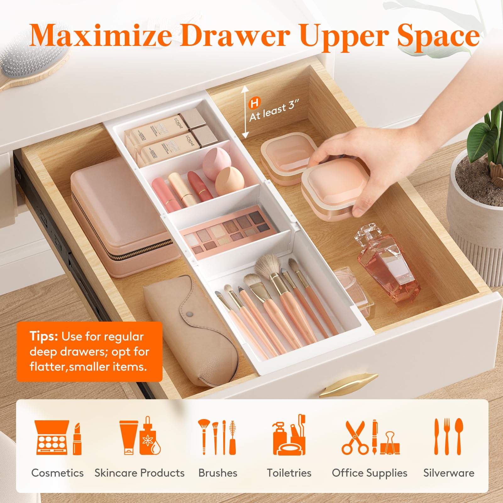 Lifewit organizer do szuflad, regulowany separator szuflad, 35,2–55,5 cm długości i 4,7 cm wysokości, wiszący plastikowy organizer na kosmetyki, do makijażu, kuchni, biura, 1 sztuka, biały