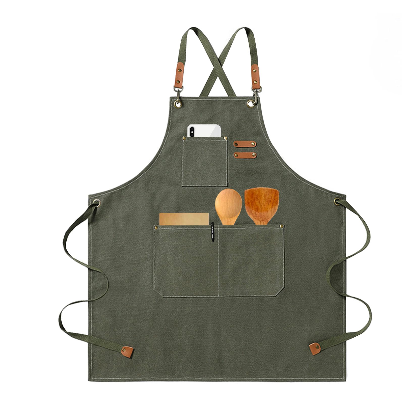 HIUOUIH Delantal de Cocina y Barbacoa Con 3 Correas Ajustables y Bolsillos - Para Hombre y Mujer - Lona Para Cocinar, Hornear, Jardinería y Camarero