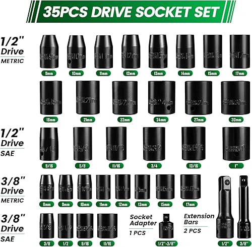 Miniatura 2 de Juego de llaves de impacto de 38" y 12", 35 piezas métricas (0.315-1.181 in) y SAE (38-1 pulgadas) poco profundas, Cr-V, 6 puntos, incluye adaptador
