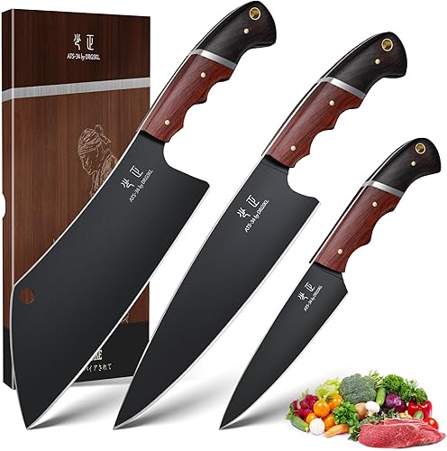 Juego de cuchillos de chef japoneses, 3 piezas de cuchillos de cocina para cocinar, juego de cuchillos de carnicero con mango de madera de espiga
