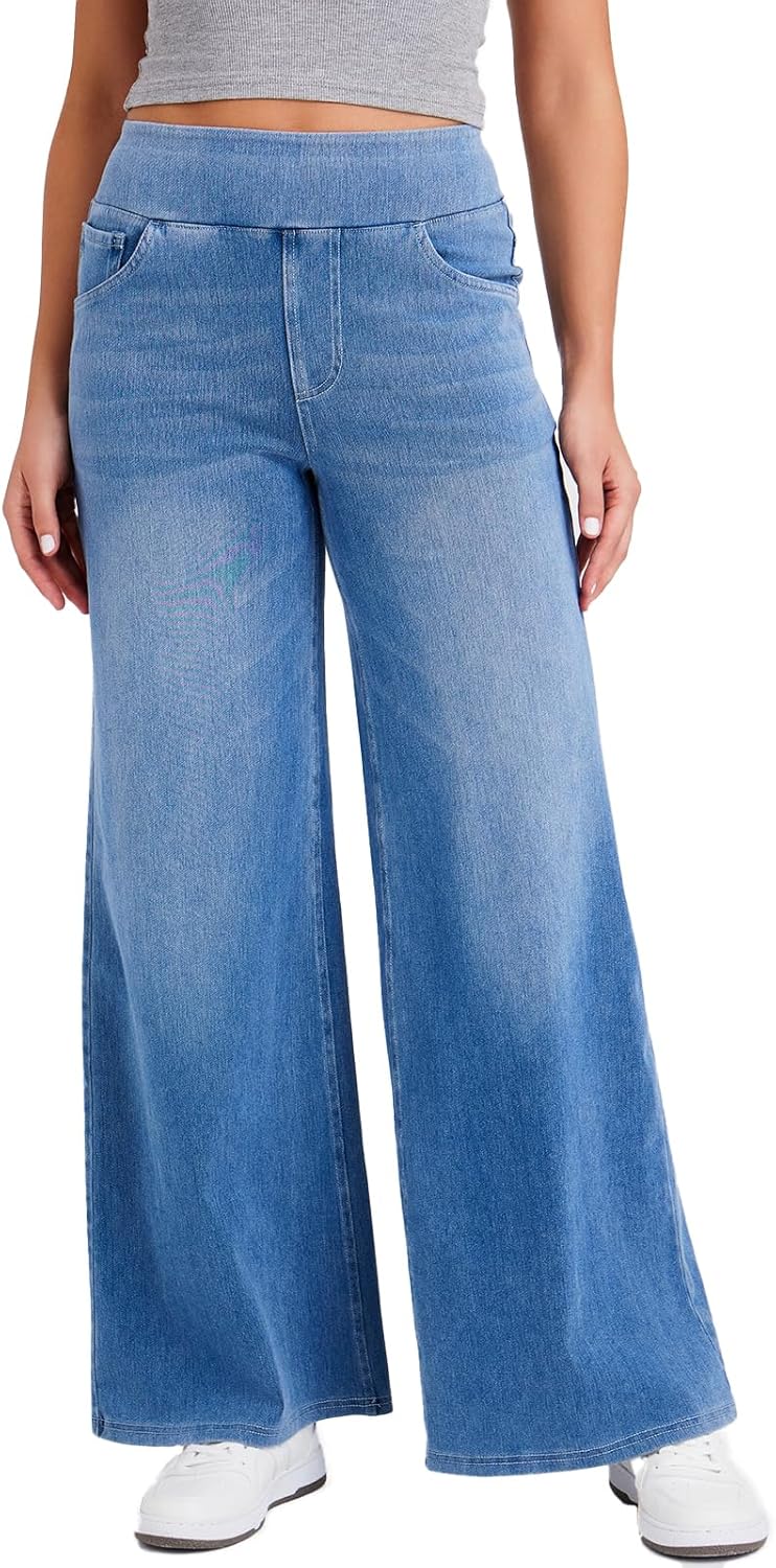 Stretch Wide Leg Jeans for Women High Waist Pull On Jeans Denim Pants Loose Jeggings