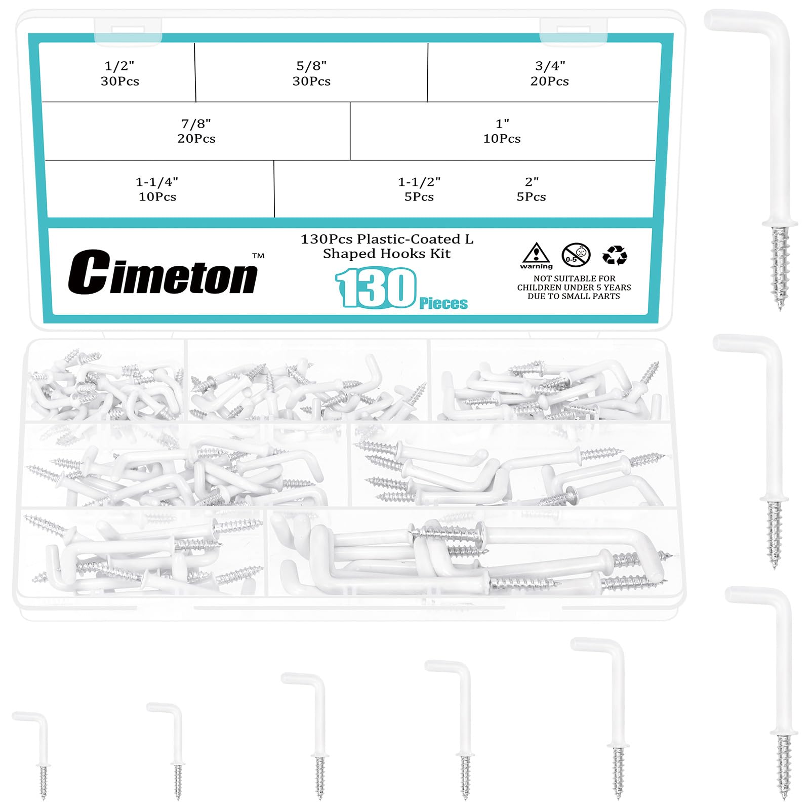 Cimeton 130PCS 8 Sizes Screw in Hooks L Shaped Hooks with White Plastic-Coated Surface Shouldered Dresser Cup Hooks Right Angle Hooks for Indoor and Outdoor Hanging(White)