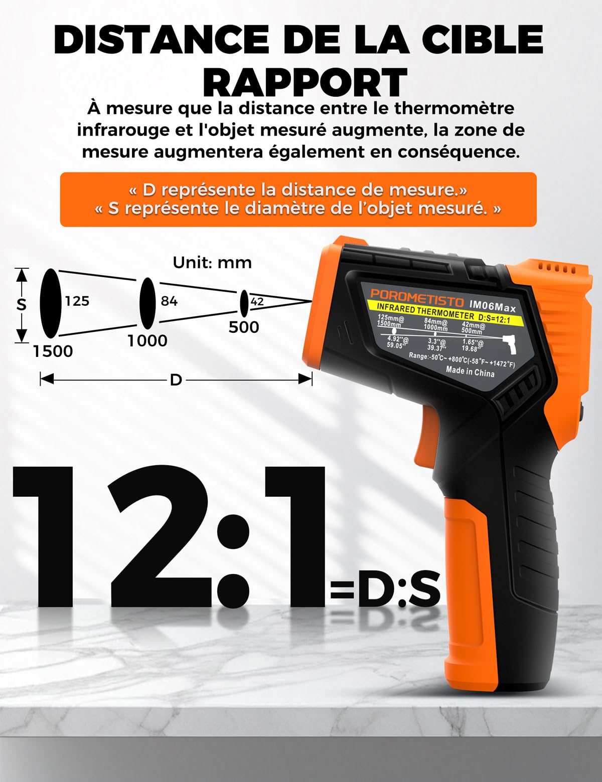 4 en 1 Thermomètre infrarouge professionnel POROMETISTO, 4 réglages d'alarme de qualité industrielle, -50 °C à 800 °C pyromètre laser thermometre infrarouge numérique avec sonde K et écran LCD couleur