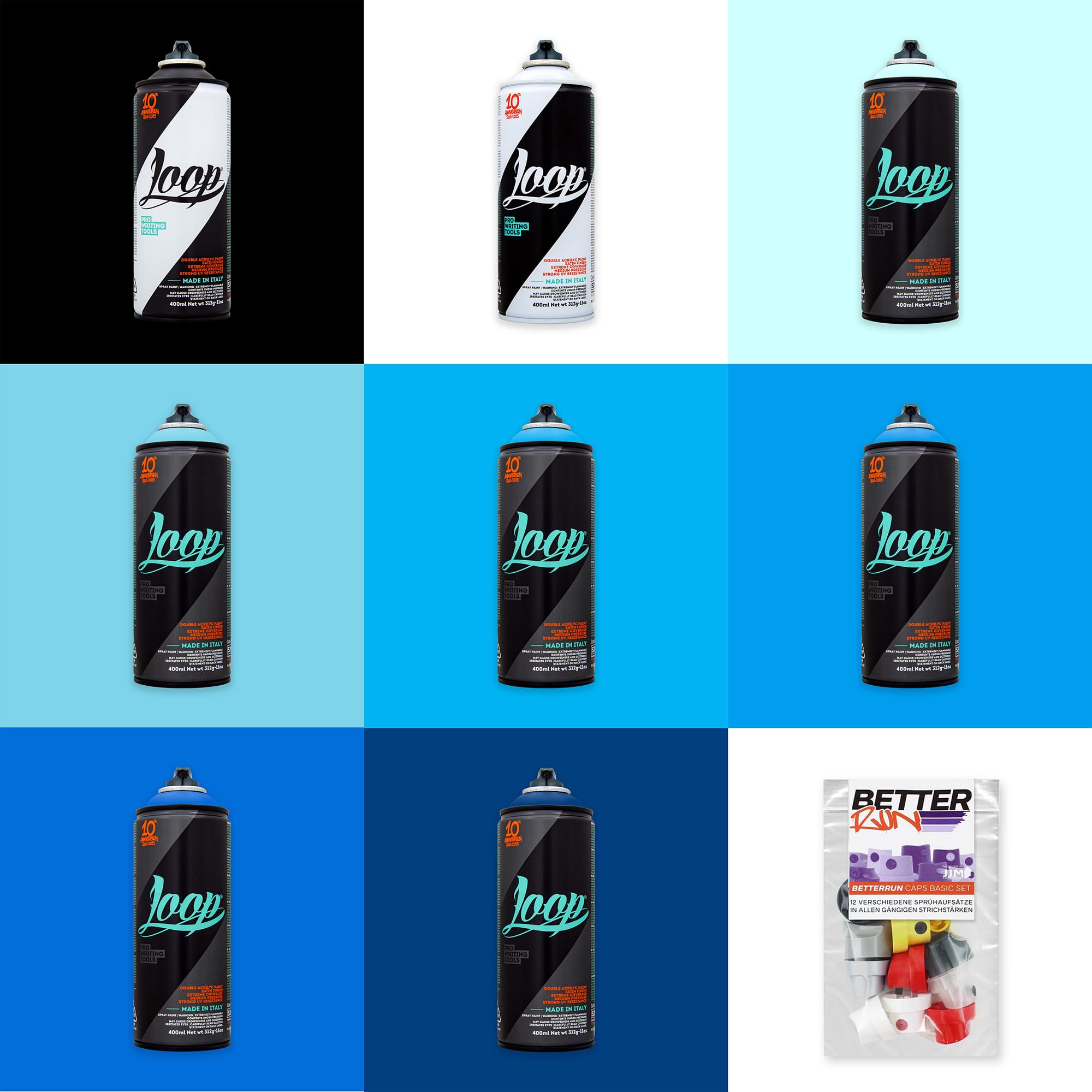 Betterrun LOOP Sprühdosen Eis Set - 8 x 400ml Acryllack + 10x Sprühaufsätze Graffiti Spray Cans