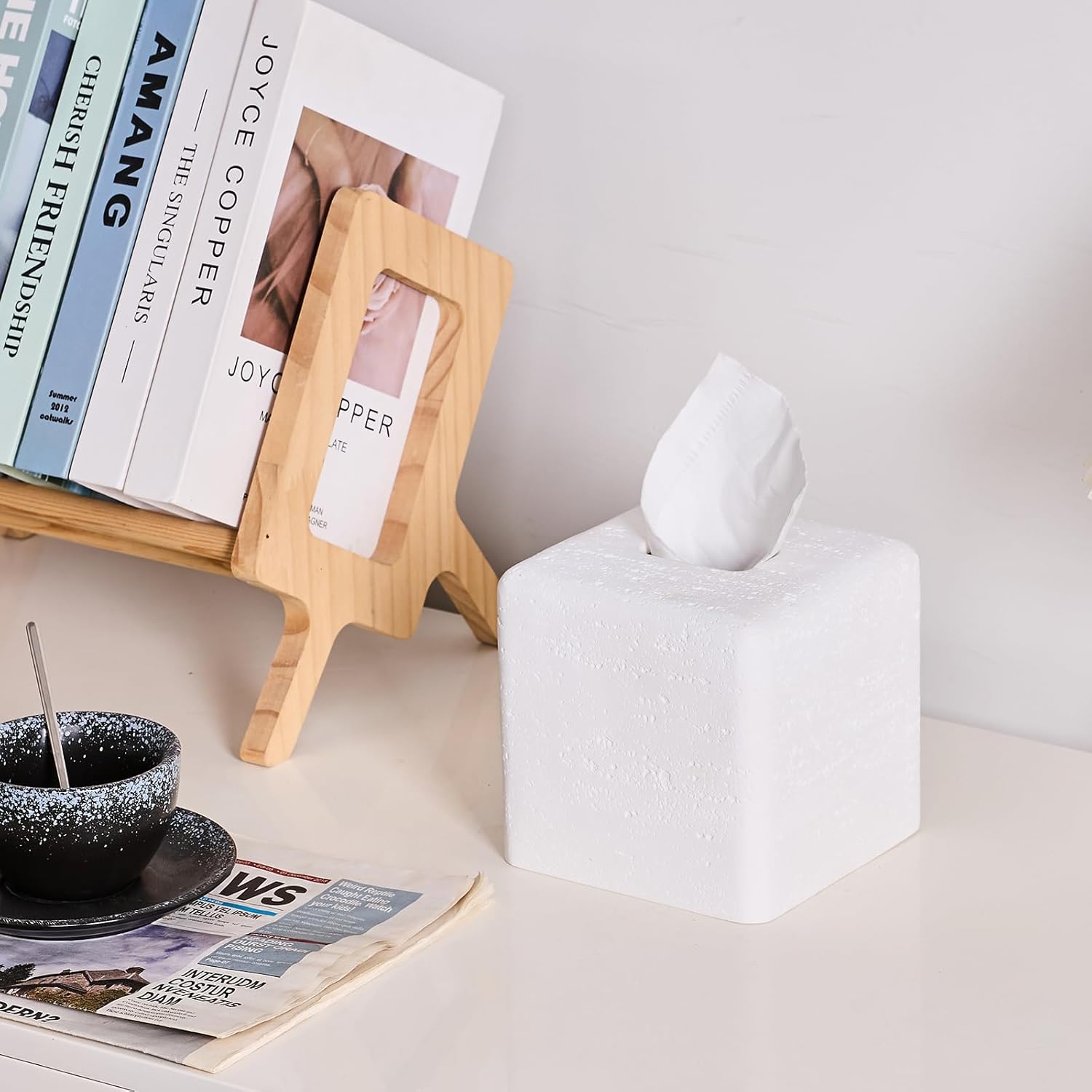 White Natural Travertine Textures Square Tissue Box Cover Holder, Resin Tissue Box Holder Decorative for Bathroom, Vanity, Kitchen Countertop, Bedroom Night Stands, Office Desk Top