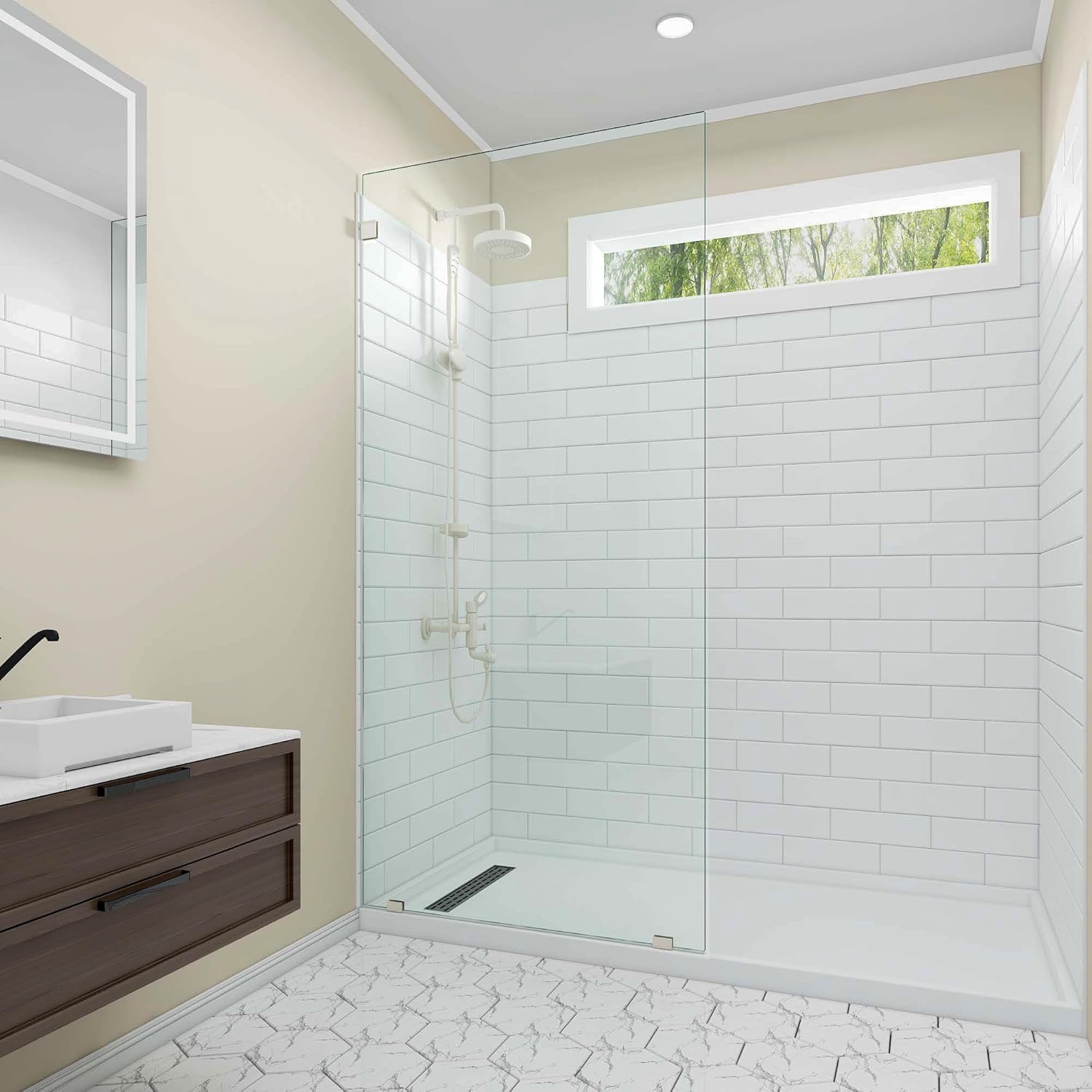 Sunrosa 36"×76" Shower Glass Panel, Fixed Glass Shower Panel with Brushed Nickel Hardware, 5/16"(8mm) Thick Tempered Shower Glass, Easy to Clean