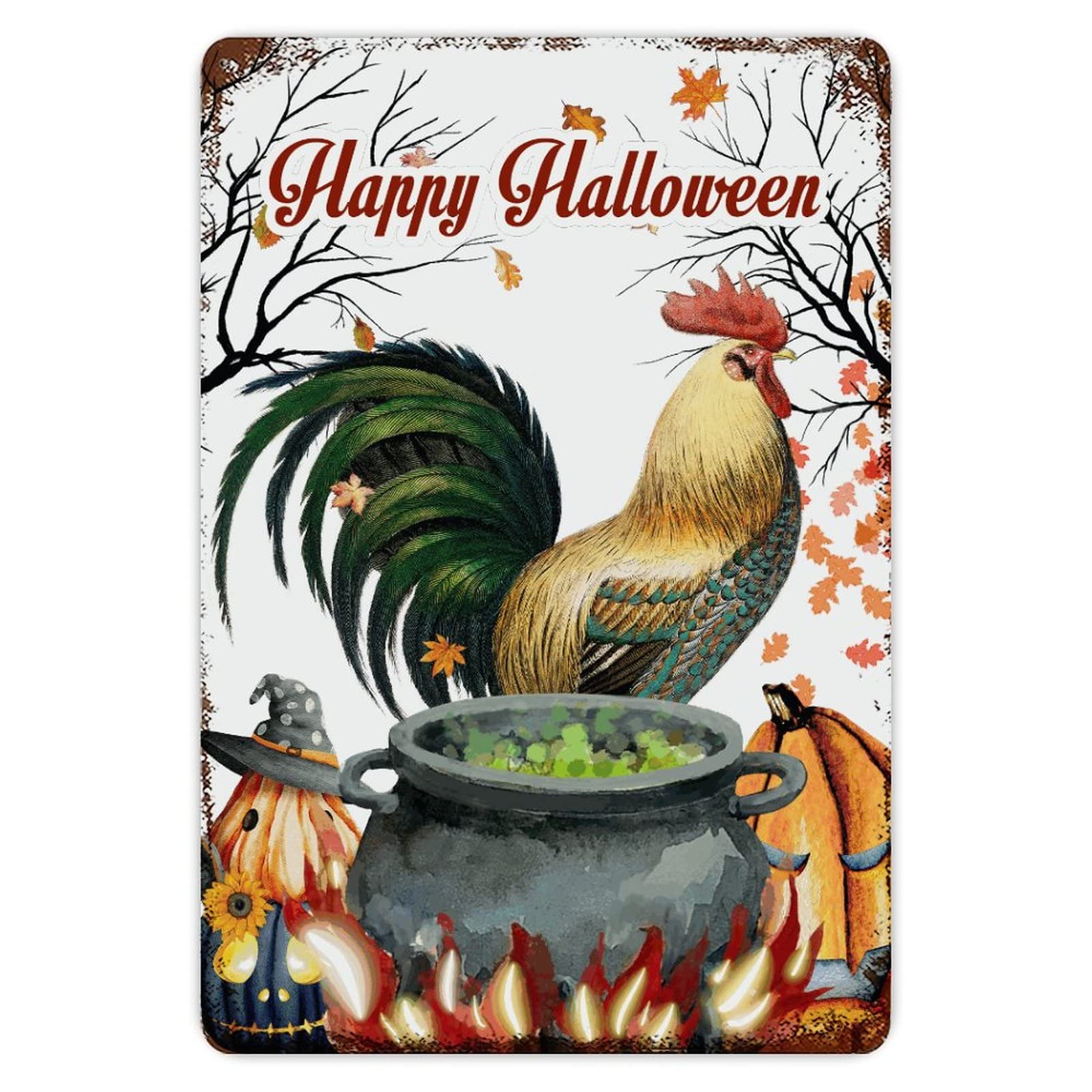 ENEDNATE Trick Or Treat Halloween Rooster Pumpkin Aluminum Tin Metal Sign for Indoor Outdoor Business Retail Store Patio Yard Home Decoration Easy to Mount Wall Art Print Poster 8x12 Inch