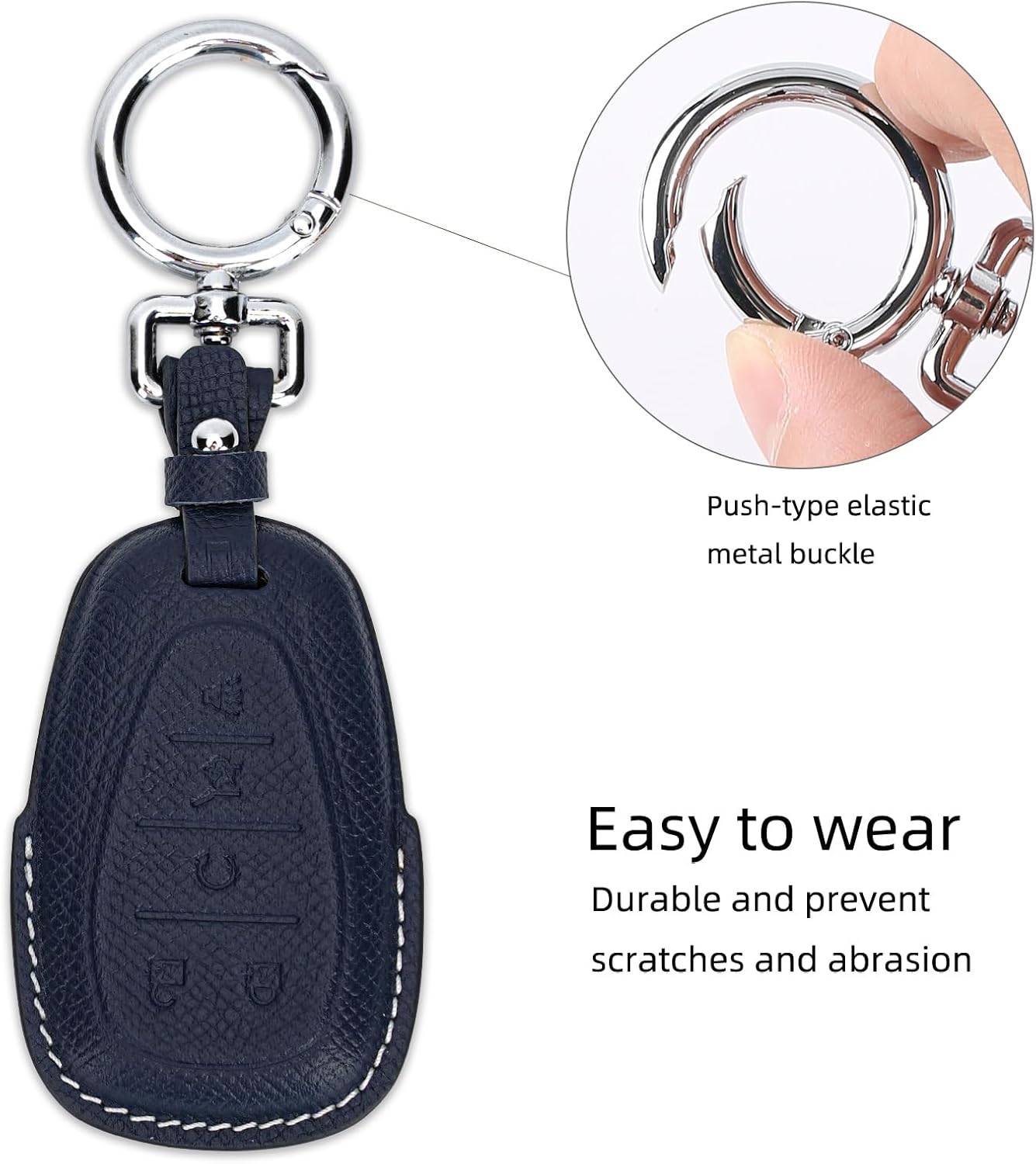 Leather Key Fob Cover Compatible with Chevy Equinox Malibu Camaro Cruze Blazer Traverse Tahoe Silverado (5 Buttons) (Blue)
