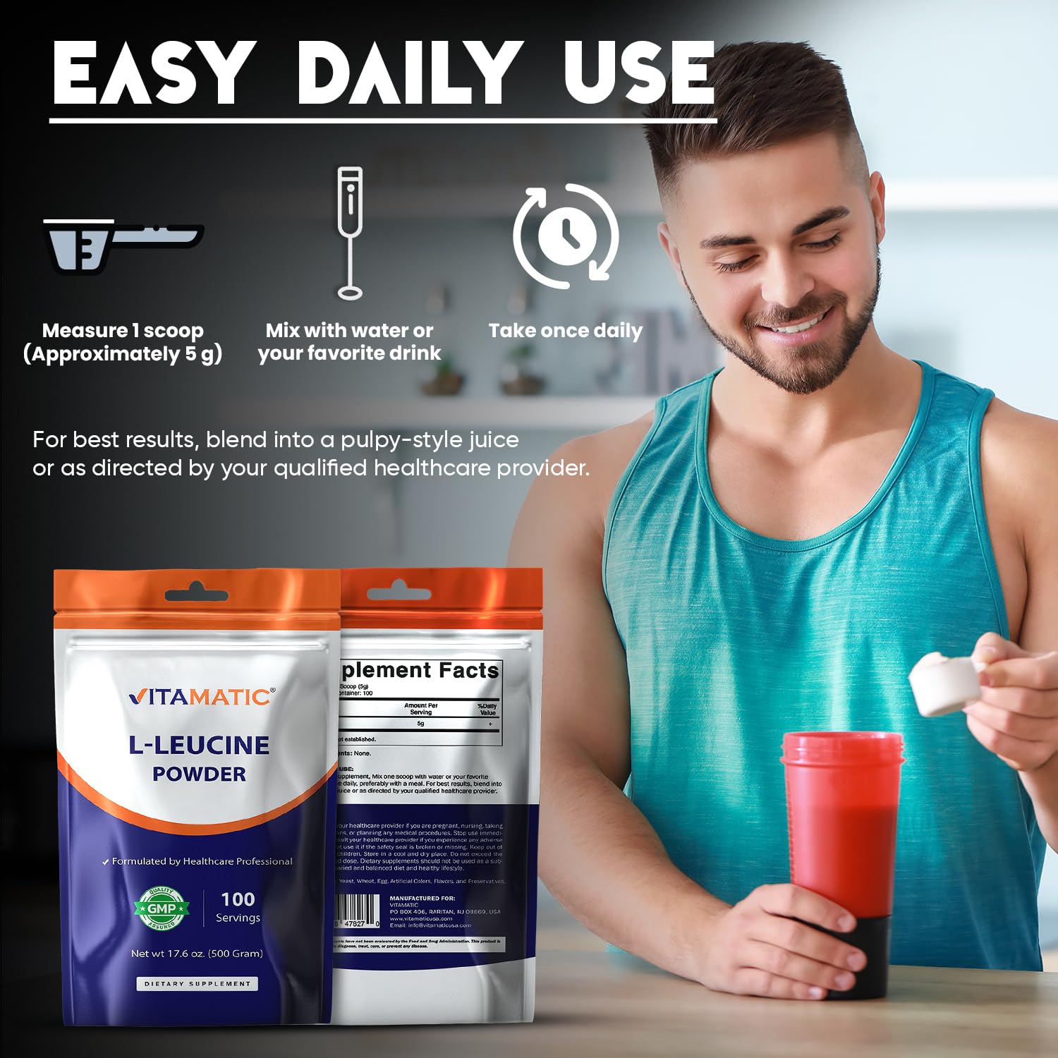 Vitamatic L-Leucine Powder 500g (17.6 oz), 5g Per Serving, Pure Amino Acid Supplement, Unflavored, Non-GMO, Gluten Free, Supports Muscle Recovery & Protein Synthesis, 100 Servings — Amazon image 3