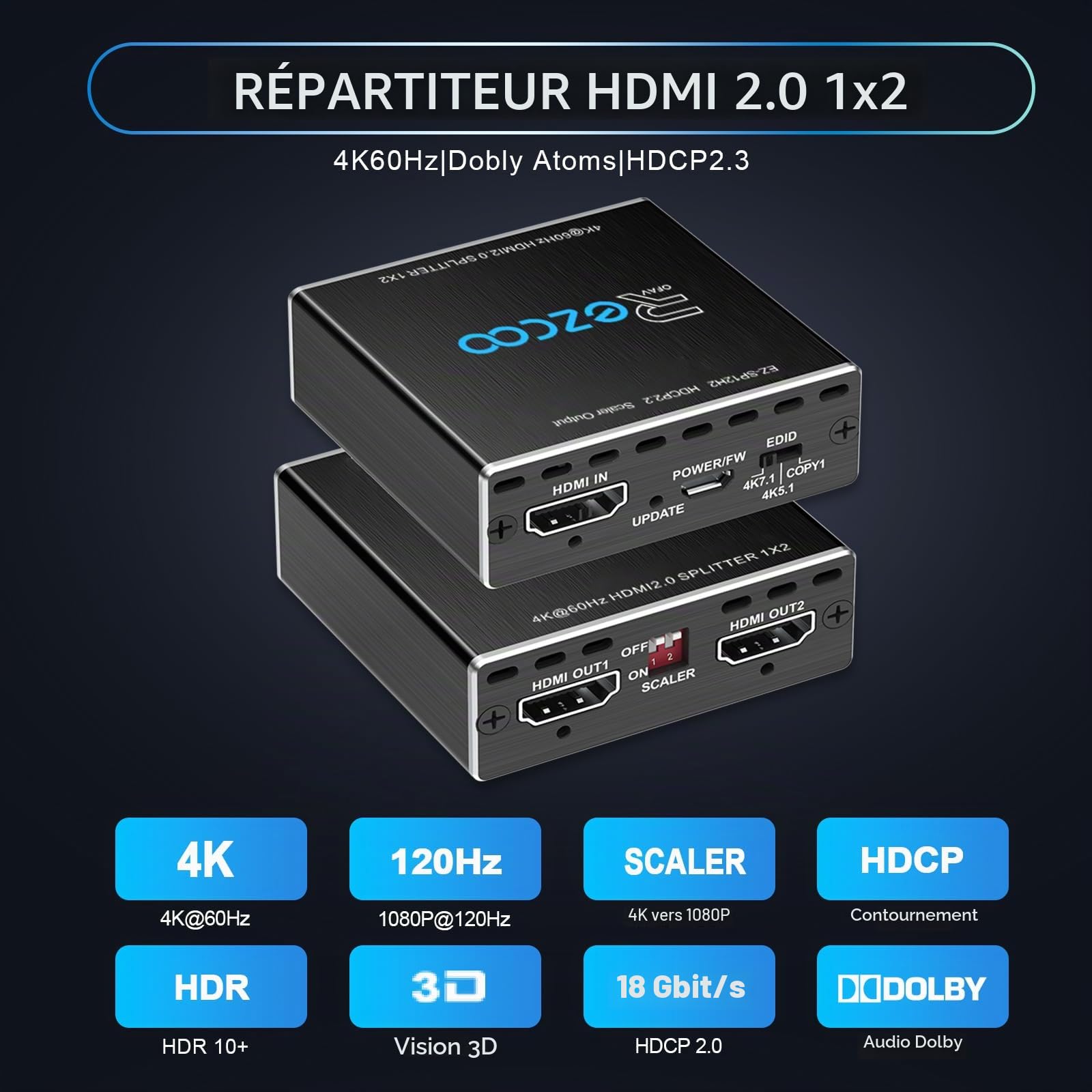 4K 60Hz Splitter HDMI 1 entrée 2 Sorties 1080P 120Hz HDCP HDR 18Gbps UHD Dolby Vision Atmos EDID Scaler 4K 1080P Répartiteur HDMI pour PS5, SkyQ, Xbox, Fire Stick, BluRay, Apple TV, Projecteur.
