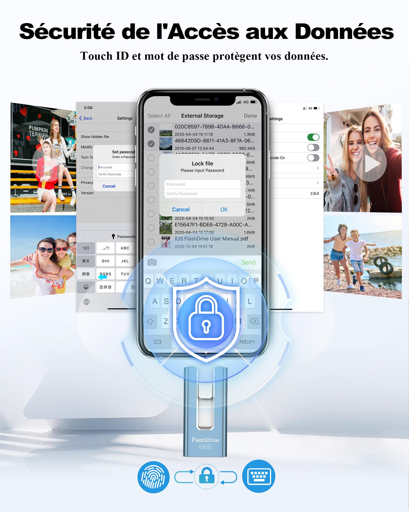 GNASEET Clé USB 256 Go, Transfert Grande Vitesse 3.0, 4 en 1, Stockage Photos, Vidéos, Fichiers pour iOS, Android, Pad, Type C et PC (Bleu)