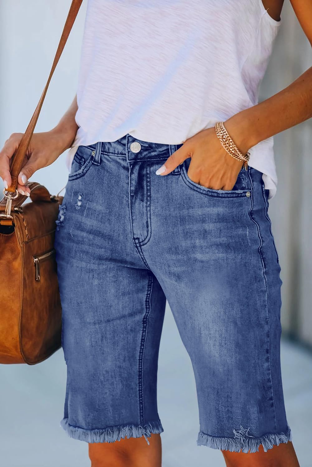 Jean Shorts for Women Stretchy Ripped Bermuda Denim Shorts Trendy - Image 2