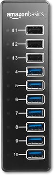 Amazon Basics USB Hub USB-A 3.1 Hub with 10 Ports and Power Adapter - 65W (20V / 3.25A) - Black