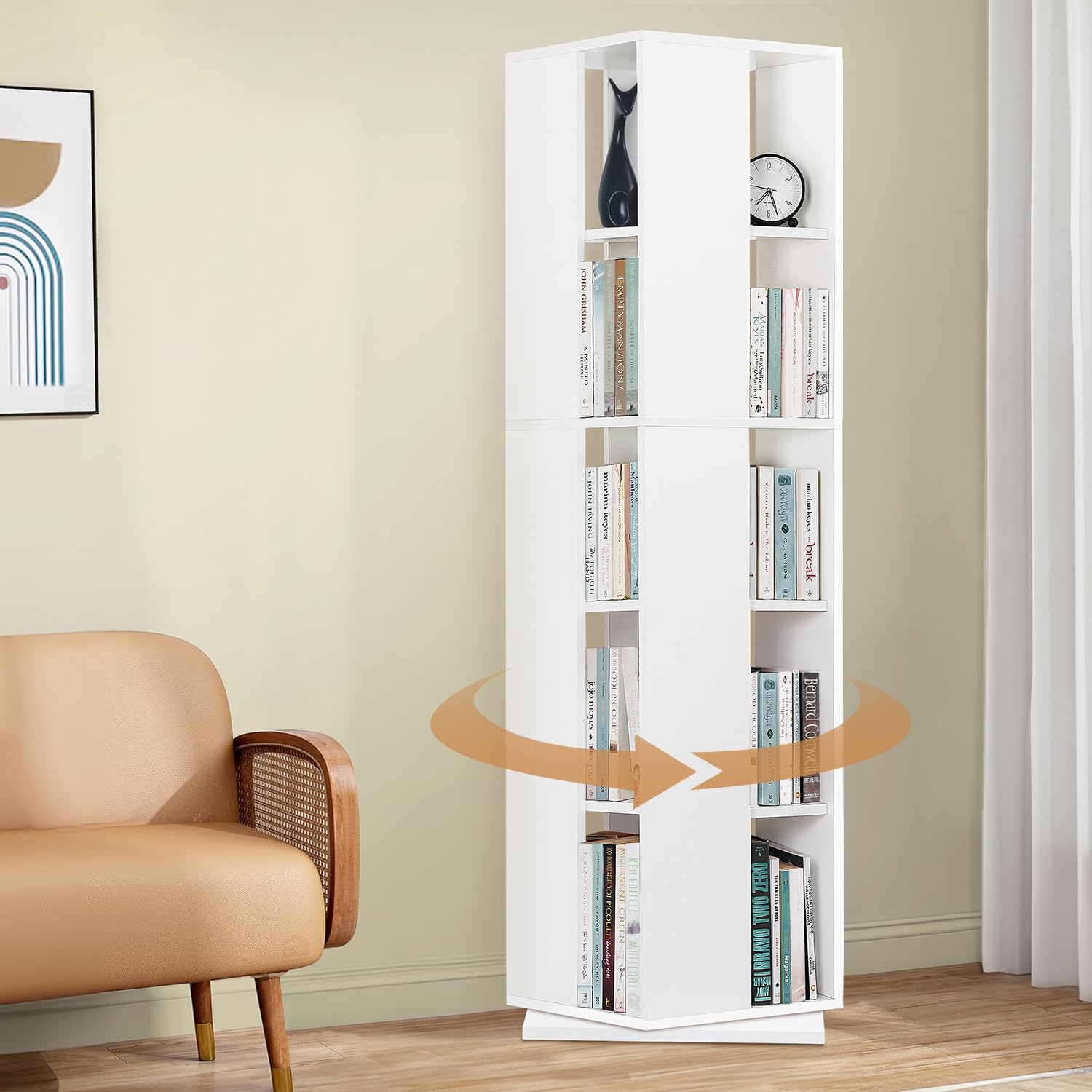 ABOUT SPACE Rotating Book Shelf for Home Library – 5 Tier 360° Book Rack | DIY Wooden Book Stand with Partition & Bottom Turnplate for Office, Livingroom, Bedroom (White – L 38 x B 38 x H 149 cm) ABOUT SPACE Rotating Book Shelf for Home Library – 5 Tier 360° Book Rack | DIY Wooden Book Stand with Partition & Bottom Turnplate for Office, Livingroom, Bedroom (White – L 38 x B 38 x H 149 cm)