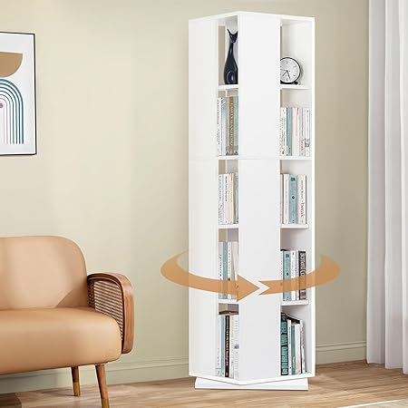 ABOUT SPACE Rotating Book Shelf for Home Library - 5 Tier 360° Book Rack | DIY Wooden Book Stand with Partition & Bottom Turnplate for Office, Livingroom, Bedroom (White - L 38 x B 38 x H 150 cm)