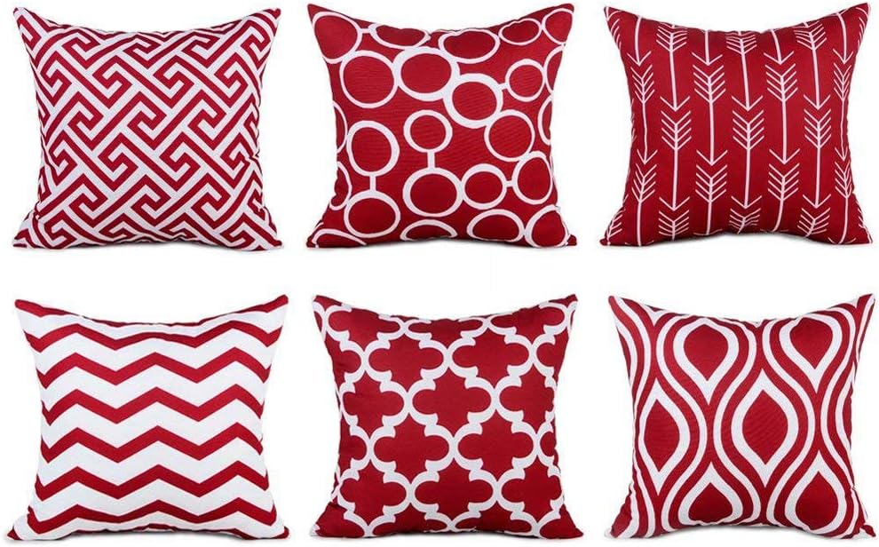 Throw Pillow Covers 18 x 18 Set of 6 Modern Decorative Pillow Covers, Geometry Outdoor Square Pillow Cushion Cases for Couch Sofa Bedroom Car (red)