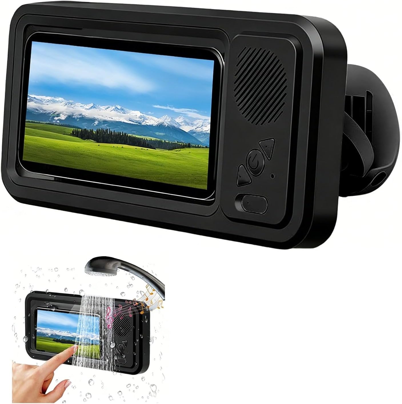 Shower Phones Holder with Speaker, Wall Mount Shower Phone Holder Waterproof, Bathroom Accessories, Waterproof Phone Case, 360° Rotation, Suction Cup Bathroom Case Mount Shelf (Black)