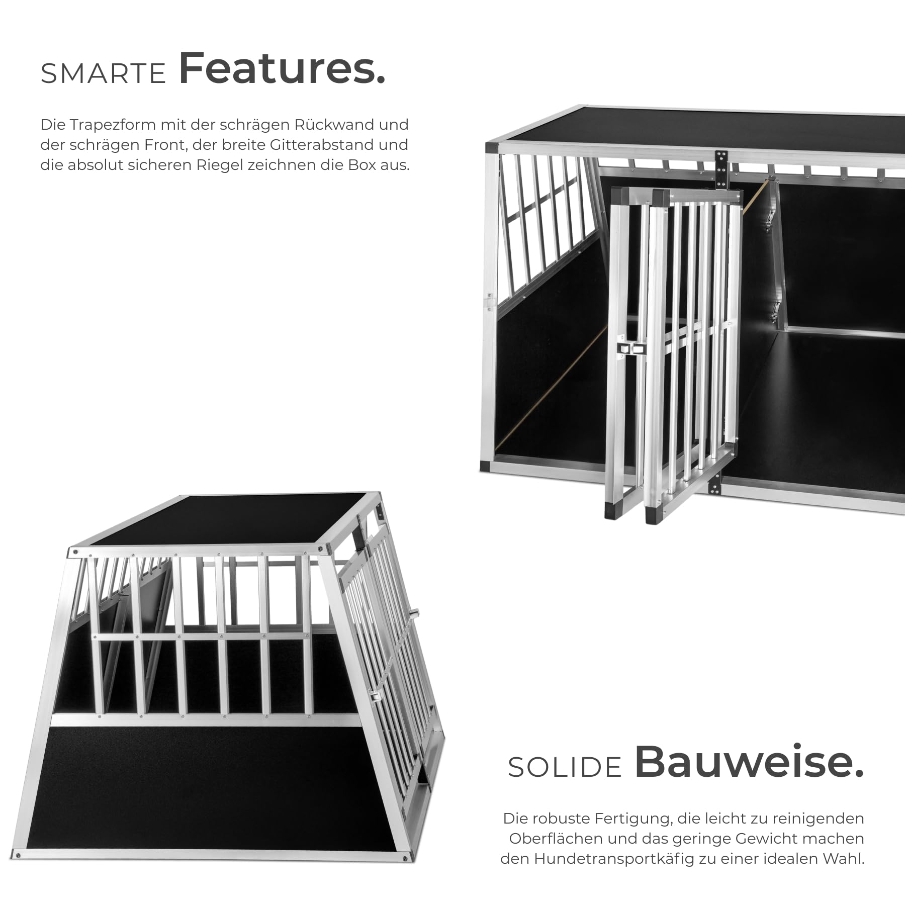 tectake® große Hundebox Auto oder Hundebox für Zuhause. Aluminium Doppel Hundetransportbox mit Trennwand, leicht und stabil, Auto Kofferraum Transportbox für bis zu 2 Hunde 104x90,5x69cm