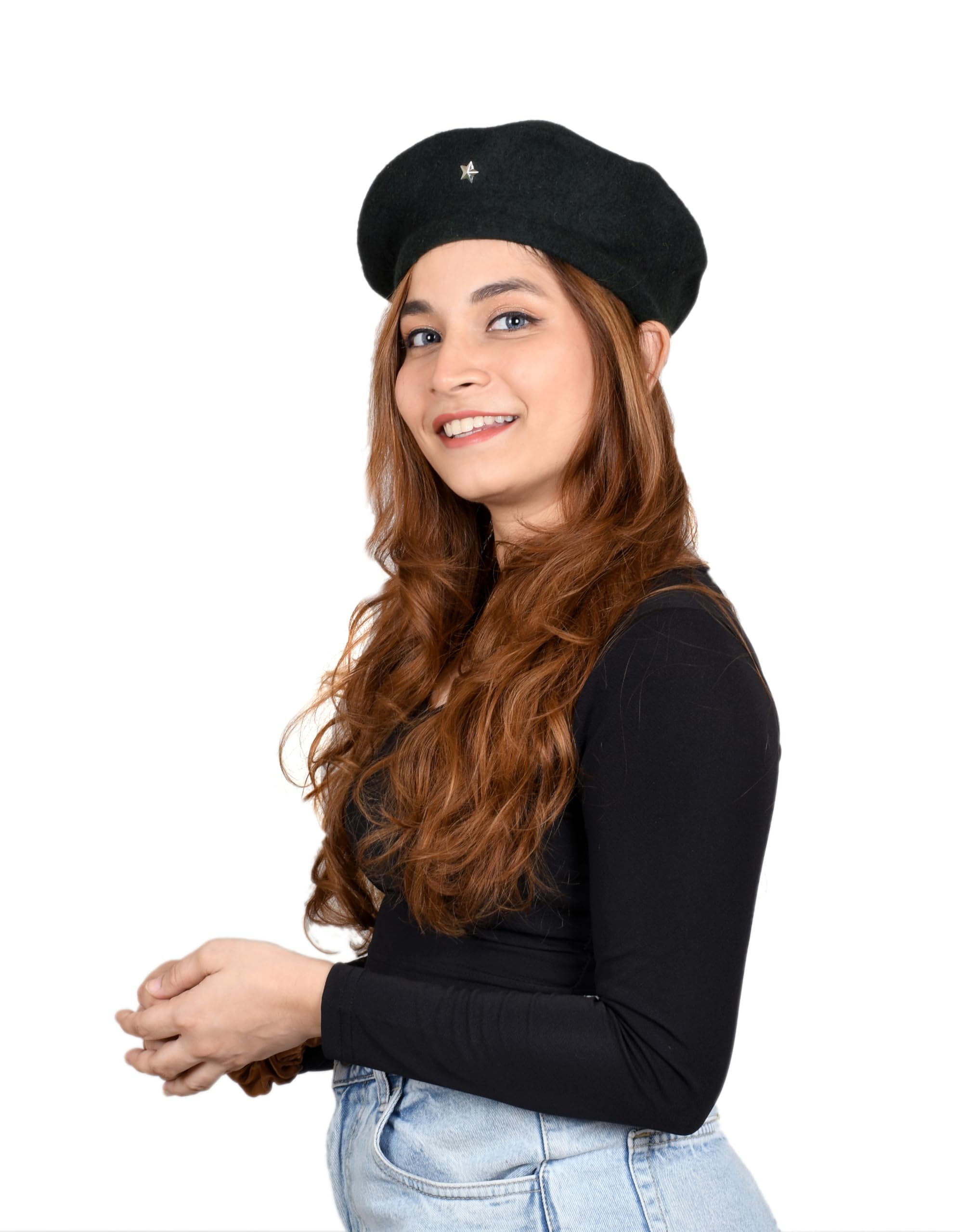 SOUL eTHICS Women's Premium Wool Blend French Artist Beret Cap - Stylish, Warm & Classic - Elegant Winter Beanie Hat for Girls & Ladies -Free Size (in, Alpha, Free Size, Black, Star) - Image 5 thumbnail