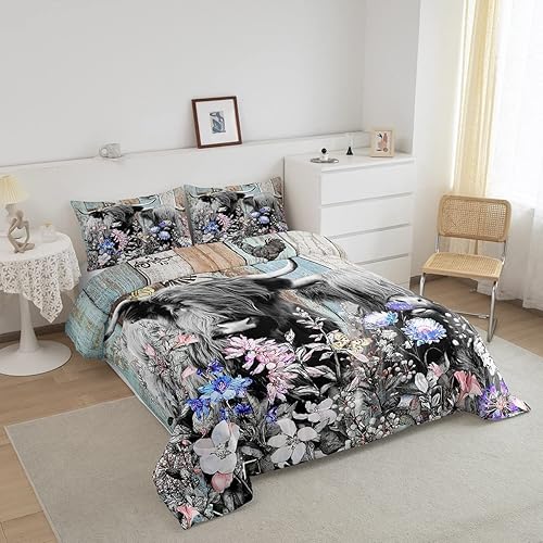 Miniatura 3 de Highland Cattle - Juego de edredón tamaño King, juego de ropa de cama de vaca de granja, animales salvajes, flores, juego de edredón para todas las