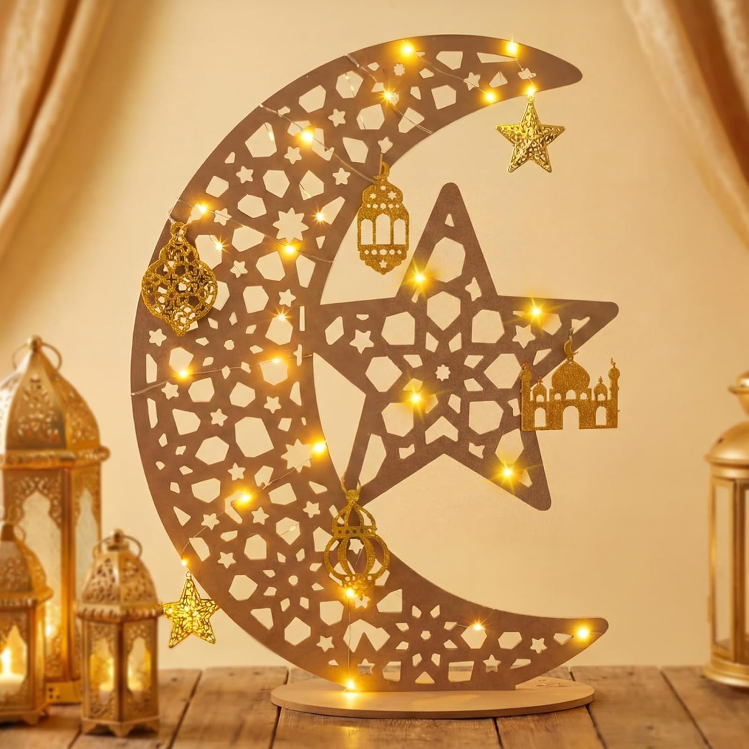 Novabright 21 Pcs Eid Crafts Night Light Large Wooden Ramadan Star Crescent Mubarak Lamp Decor Glittery Moon Eid Light Up Decoration Islamic Table Decor for Holiday Party Centerpiece