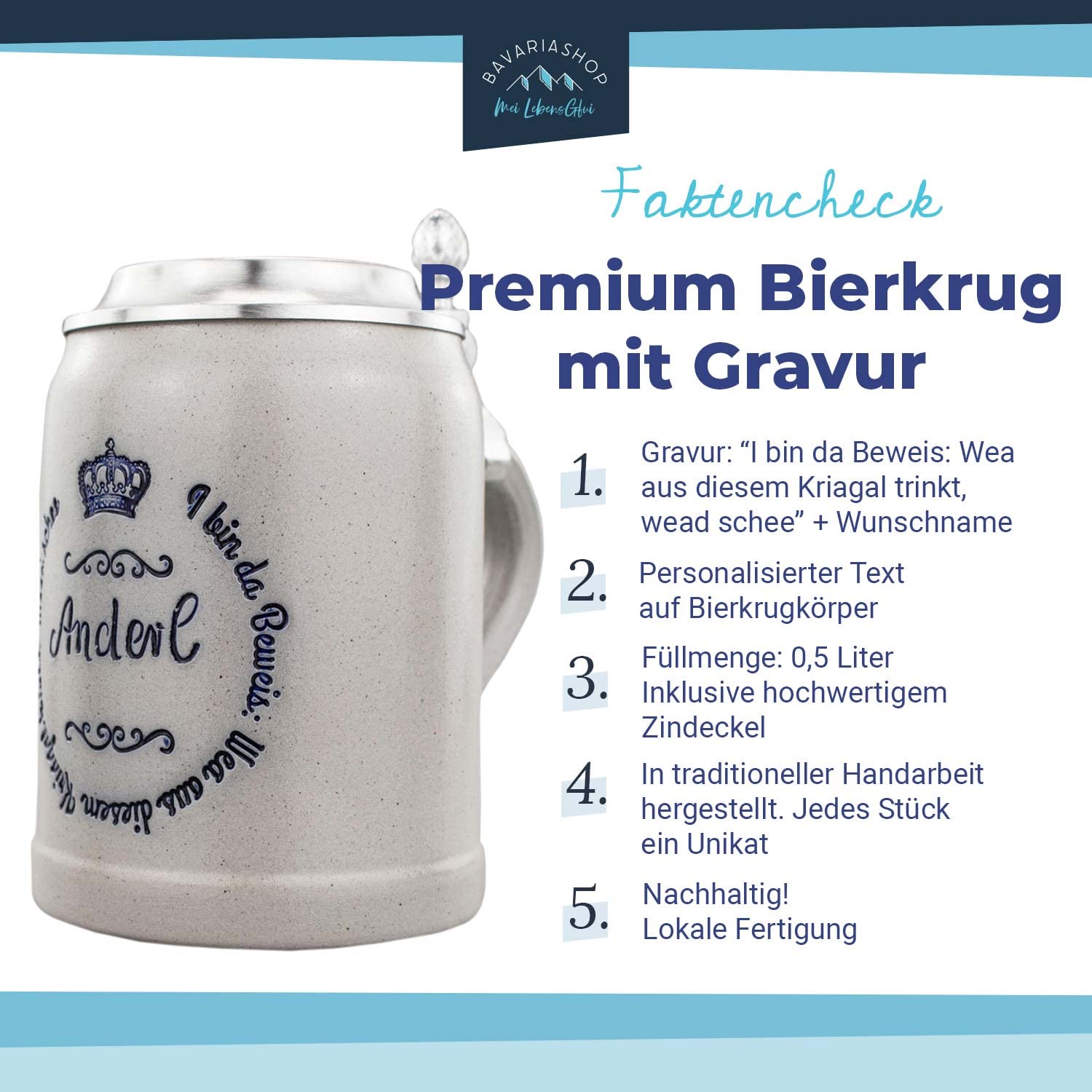 Bavariashop | PREMIUM Bierkrug I bin da Beweis | Gravierter Bierkrug mit Zinndeckel | personalisiertes Bierglas mit Wunschgravur | 0,5 Liter