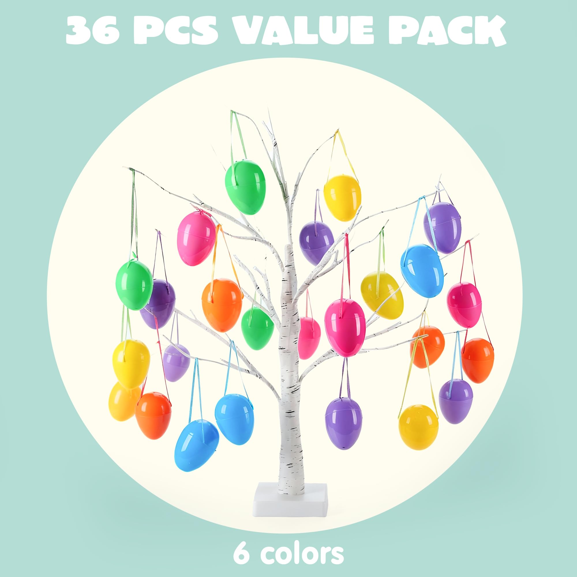 JOYIN 36 uova di Pasqua da 8 cm con nastro per appenderle, uova di plastica colorate vuote riempibili, gusci d'uovo luminosi per caccia di Pasqua, riempimenti per cesti, decorazioni per albero da