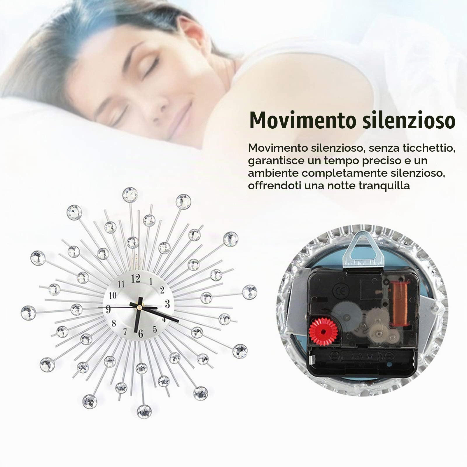 Ausla Orologio da Parete di Cristallo, Silenzioso, Preciso, Decorativo, 30cm, Argento