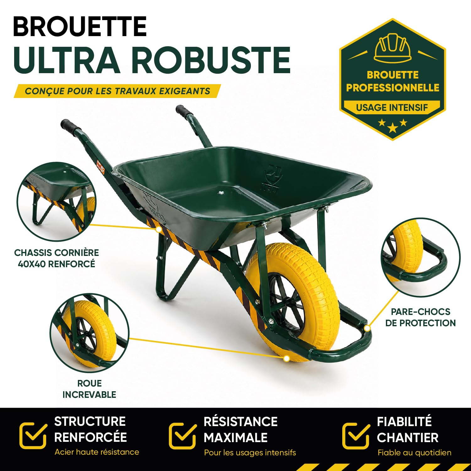 Brouette Chantier Professionnelle 90L - Roue Increvable - Structure Cornière 40x40 Renforcée - Jusqu’à 250 kg - Poignées Ergonomiques - Usage Intensif