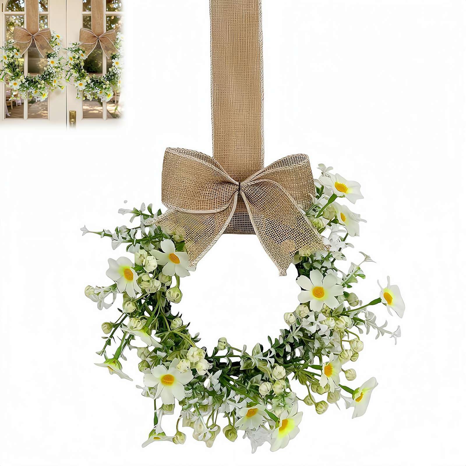 9" Artificial Floral Wreath with Bow – Faux Flower Door Wreath for Front Door, Wall, Window, Spring Easter Home Decor (White/Blue/Pink/Yellow, 1 or 4-Pack)