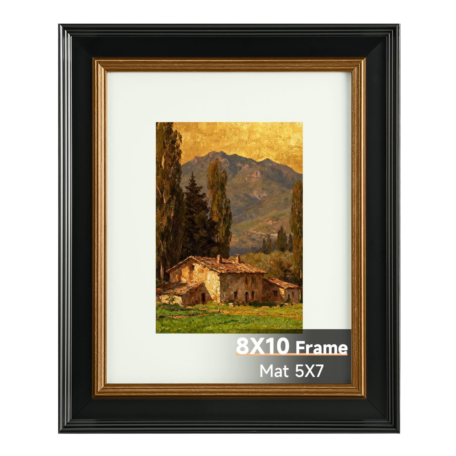 8x10 black picture frame, 8 x 10 photo frame with real glass, vintage picture frames for wall or tabletop display, display poster 5x7 with mat or 8x10 without mat for antique déco,black with gold trim