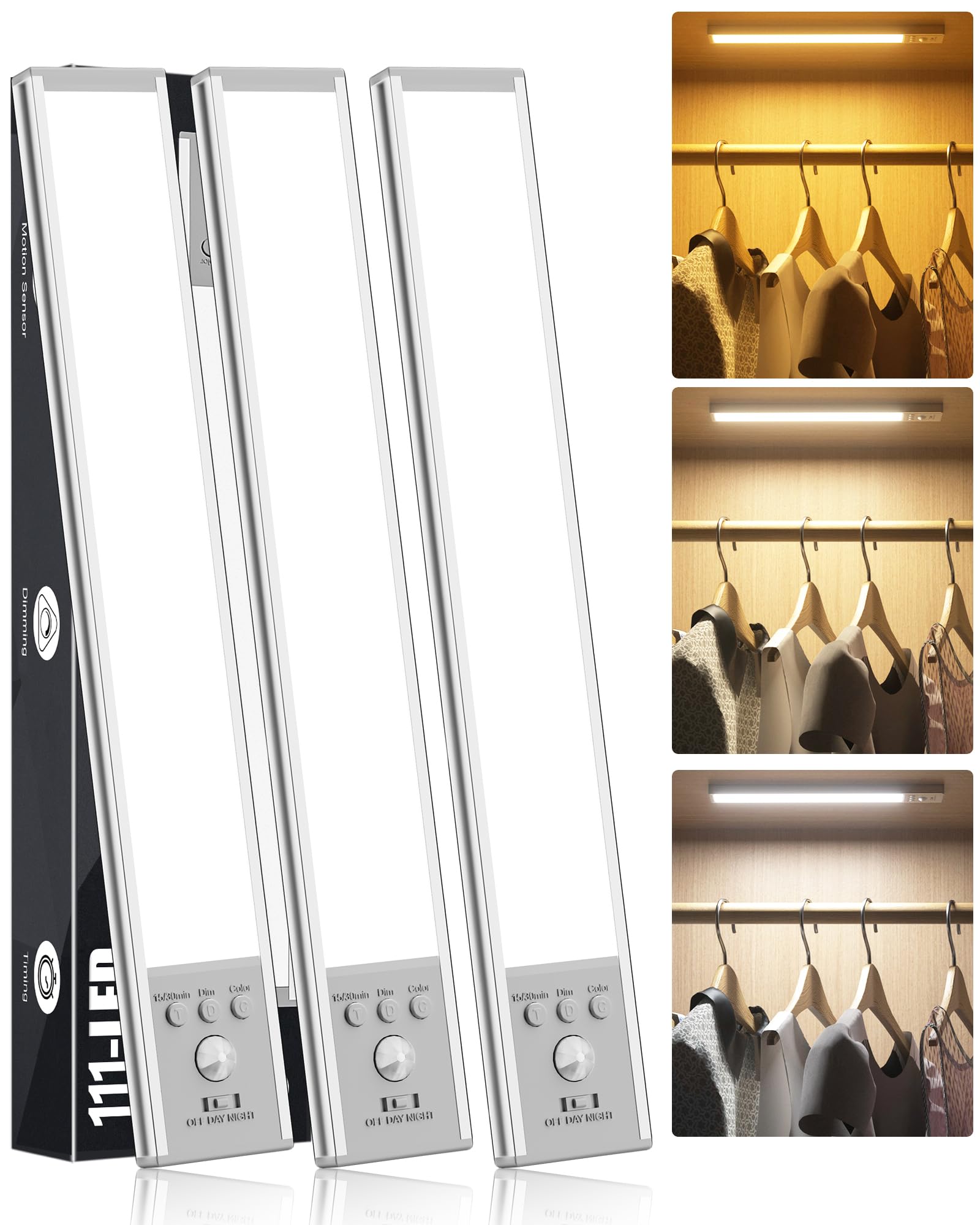 SZOKLED Under Cabinet Lighting Motion Sensor, 111-LED Magnetic Wireless Closet Lights with Timer & Dimmable & 3 Color Temperatures for Kitchen, Counter, Stairs (3 Pack)