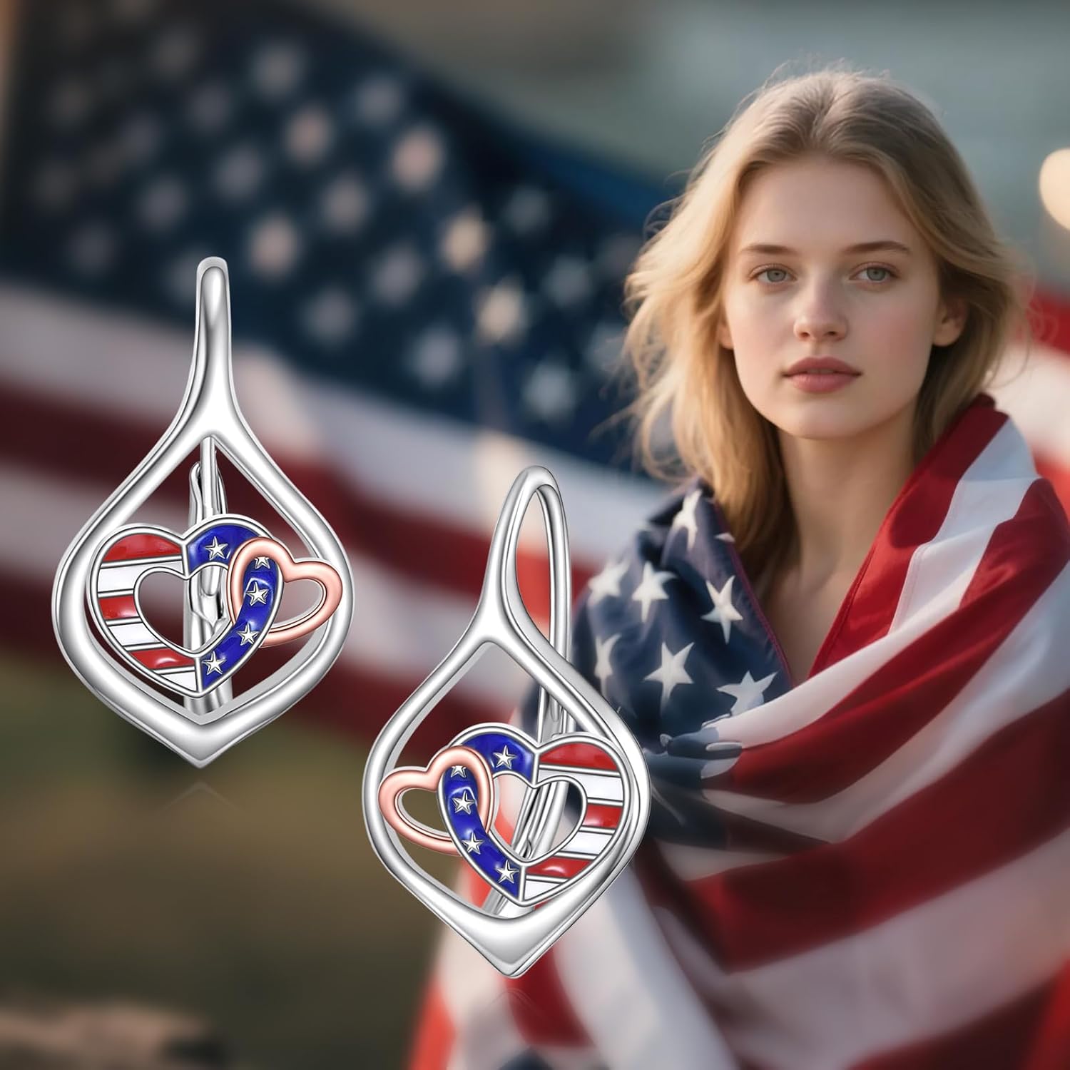 American Flag Earrings Sterling Silver Patriotic Heart Leverback Earrings 4th of July Independence Day Jewelry Gifts for Women - Image 4