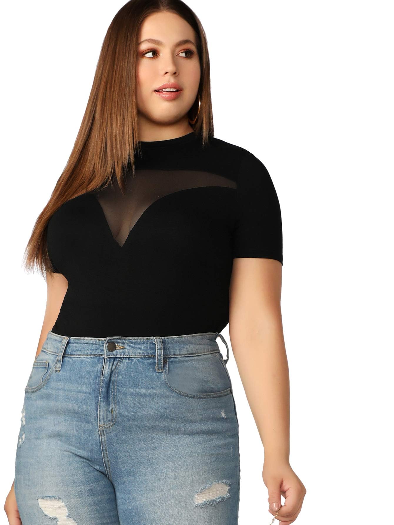 T-shirt ajusté grande taille avec col rond et maille contrastée - 6