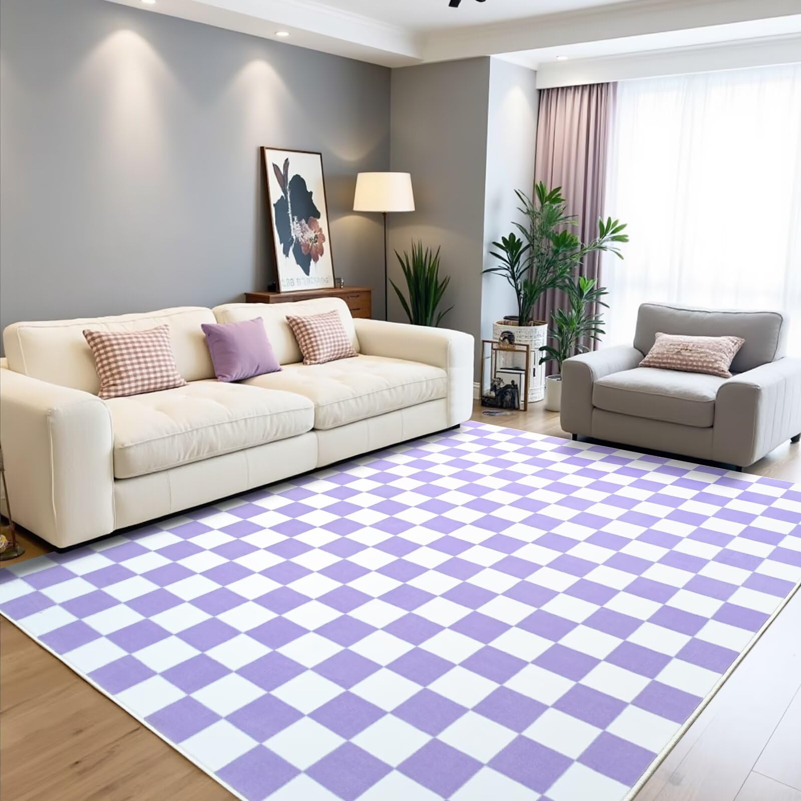 Terrug Purple and White Checkered Rug for Living Room,5x7 Area Rugs Washable with Non Slip for Bedroom,Soft Low Pile Stain Resistance Retro Carpet for