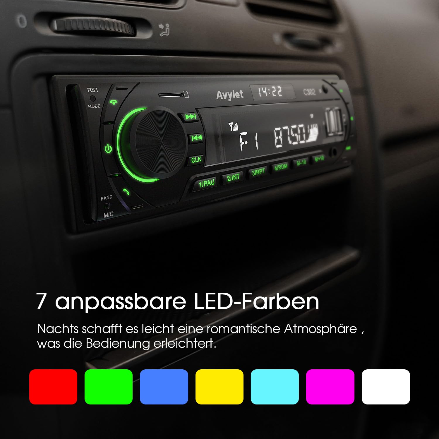 Autoradio Bluetooth 5.0,FM/AM 7 Farben Autoradio mit Bluetooth Freisprecheinrichtung,1 DIN Radio Stereo mit 2 USB/AUX/Karte/MP3-Player,Unterstützung für iOS, Android,30 Radiostationen speichern